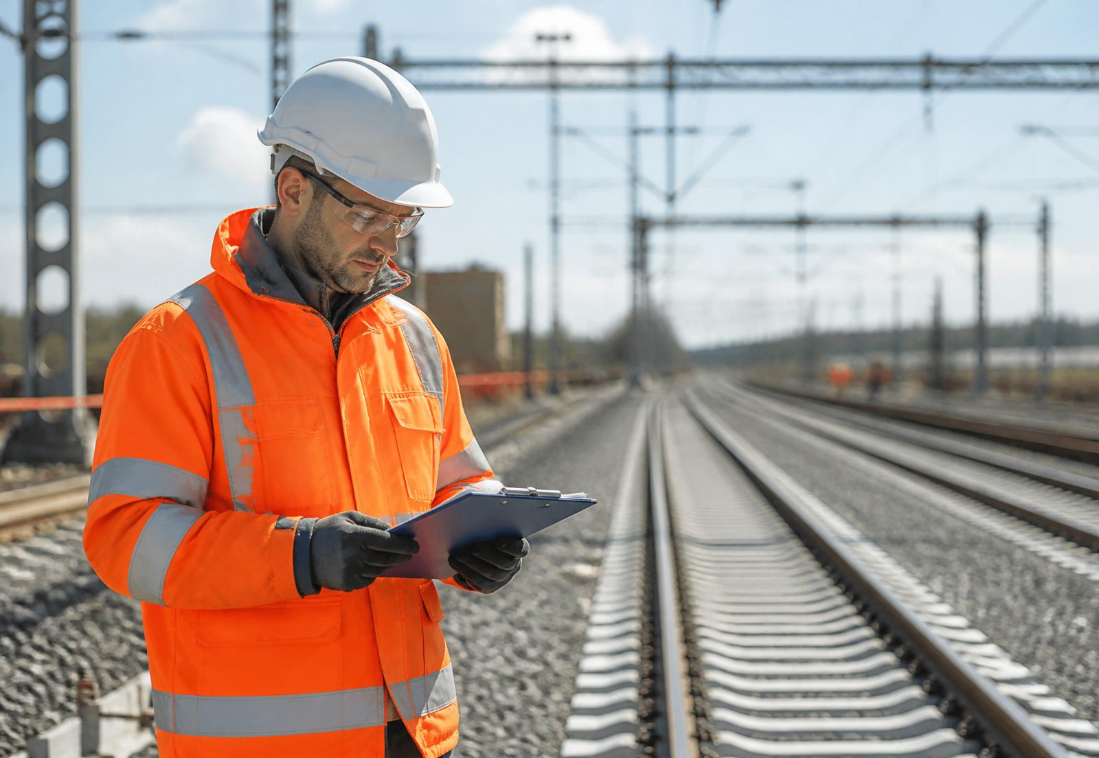 A rail site supervisor in hi-vis PPE reviewing documentation trackside